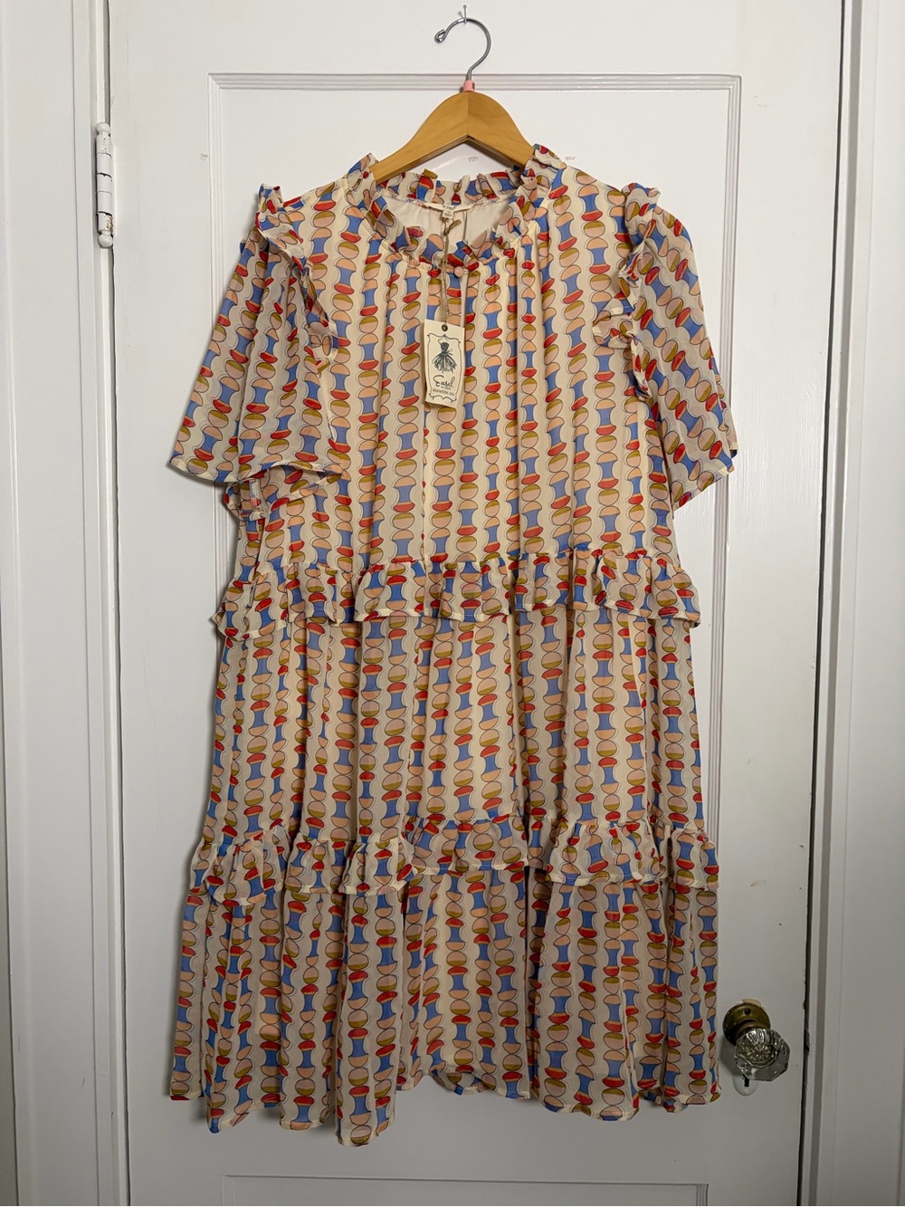 Tiered Midi Dress in Cream with Multicolor Geometric Print